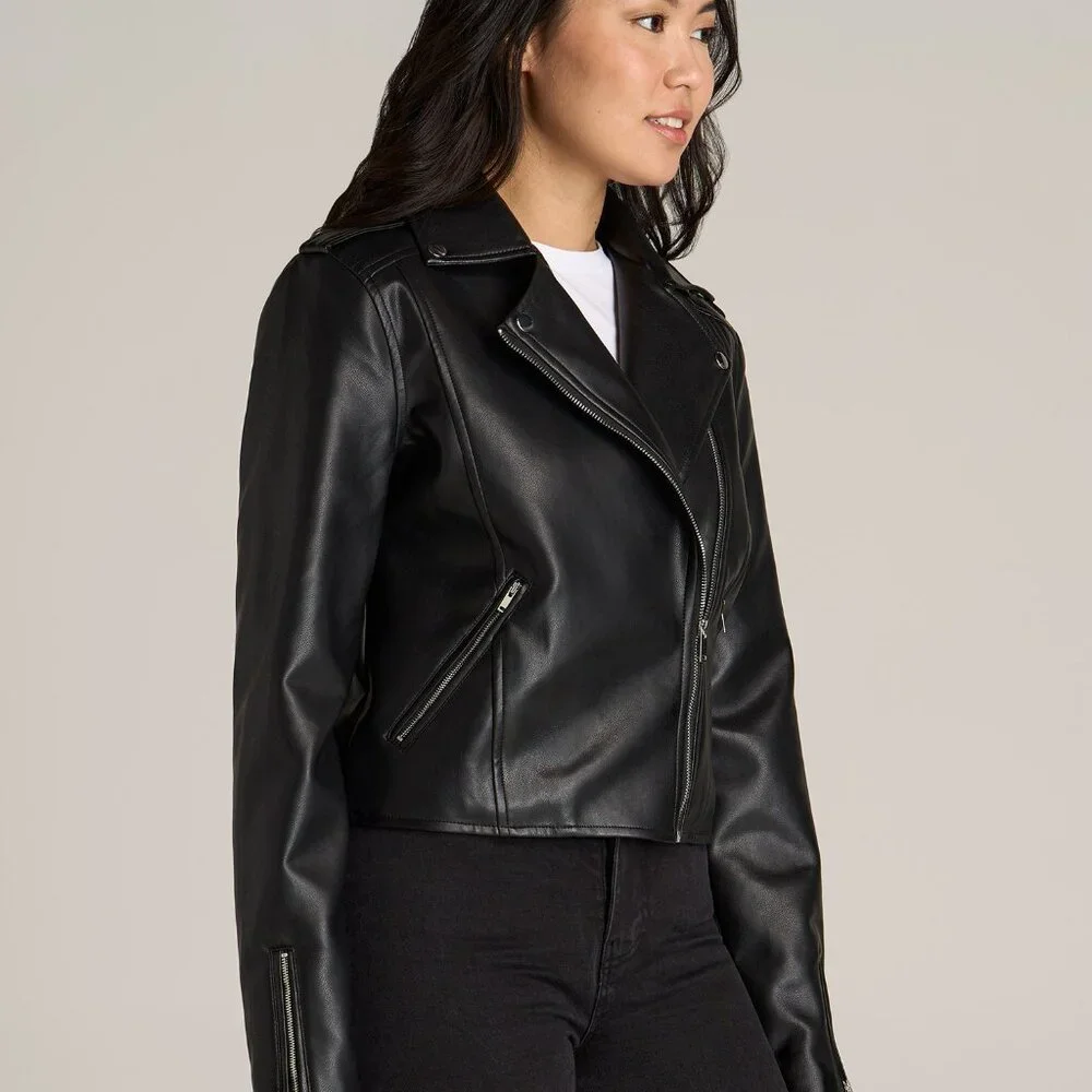 American Tall Cropped True Touch Leather Moto Jacket for Tall Women in Black Siz - Picture 3 of 4